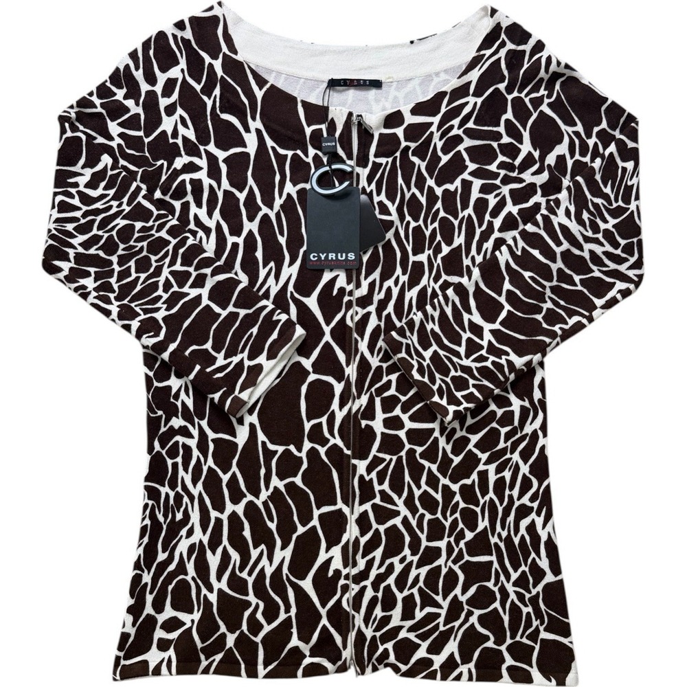 CYRUS 3/4 Sleeve Blouse Geometric Print Two-Way Front Zip Women's Small